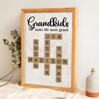 Personalized Grandkids Poster Crossword Art Gift for Grandparents – Custom Names Wall Decor That Makes Life More Grand