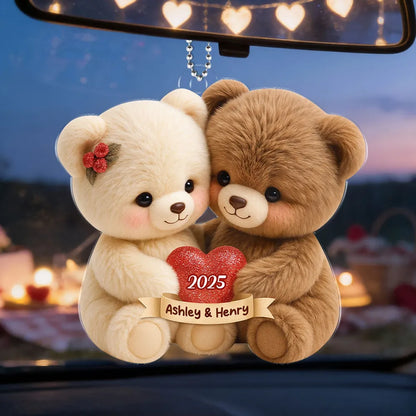 Personalized Acrylic Car Hanger with Cute Bear Couple – Custom Car Mirror Decor and Unique Romantic Gift for Couples