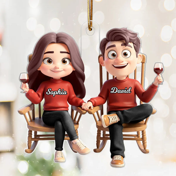 Personalized Acrylic Ornament with Cute Cartoon Couple in Rocking Chairs – Cozy Wine Night Scene, Unique Gift for Couples & Home Holiday Decor