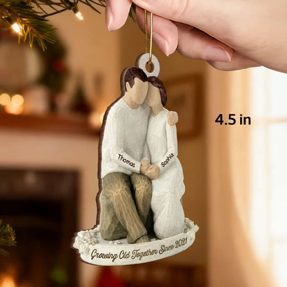 Custom Romantic Wooden Ornament with Cuddling Couple, Cozy Holiday Tree Decoration, Meaningful Unique Gift for Him & Her