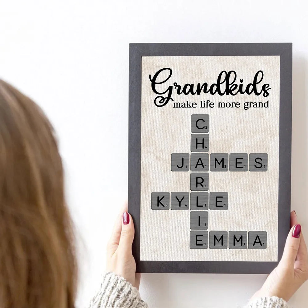 Personalized Grandkids Poster Crossword Art Gift for Grandparents – Custom Names Wall Decor That Makes Life More Grand