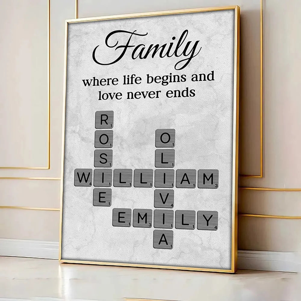 Family Where Life Begins and Love Never Ends Personalized Poster – Custom Crossword Wall Art, Heartfelt Gift for Any Home