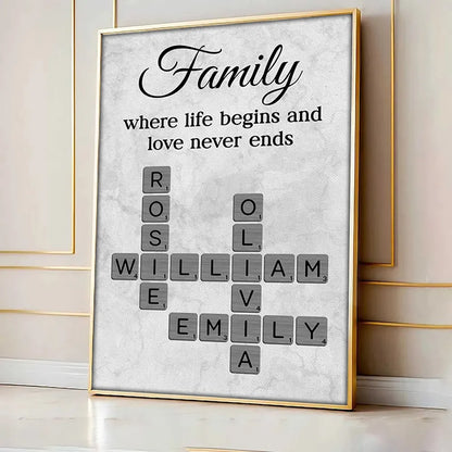 Family Where Life Begins and Love Never Ends Personalized Poster – Custom Crossword Wall Art, Heartfelt Gift for Any Home