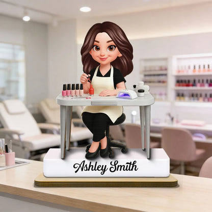 Personalized 2-Layer Wooden Plaque Nail Technician Desk Scene Cute Cartoon Style Unique Gift For Salon Workspaces