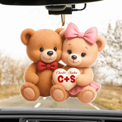 Cute Teddy Bear Couple Acrylic Car Hanger - Personalized Rearview Mirror Decoration, Sweet Anniversary Gift