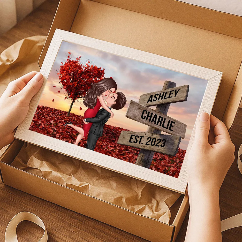 Personalized Couple Kissing Poster, Sunset Autumn Scene Wall Art, Unique Gift for Him or Her