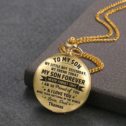 Personalized Pocket Watch for Son, Vintage Gold Keepsake, Unique Gift from Dad