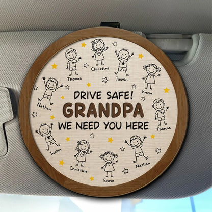 Personalized Car Visor Clip For Grandpa, Unique Custom Drive Safe Gift With Cute Child Doodles