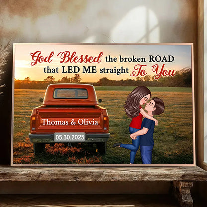 God Blessed the Broken Road Personalized Poster – Custom Hugging Couple Wall Art, Modern Home Decor and Heartfelt Gift for Him or Her