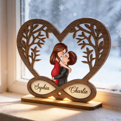 Personalized 2-Layer Wooden Plaque Kissing Couple in Infinity Heart for Bedroom Decor Unique Romantic Gift for Couples