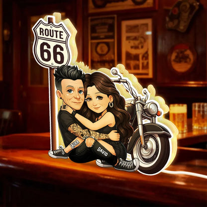 Personalized Route 66 Biker Couple Acrylic Light Box for Bedroom or Shelf Decor, Warm Glow Unique Gift for Him or Her