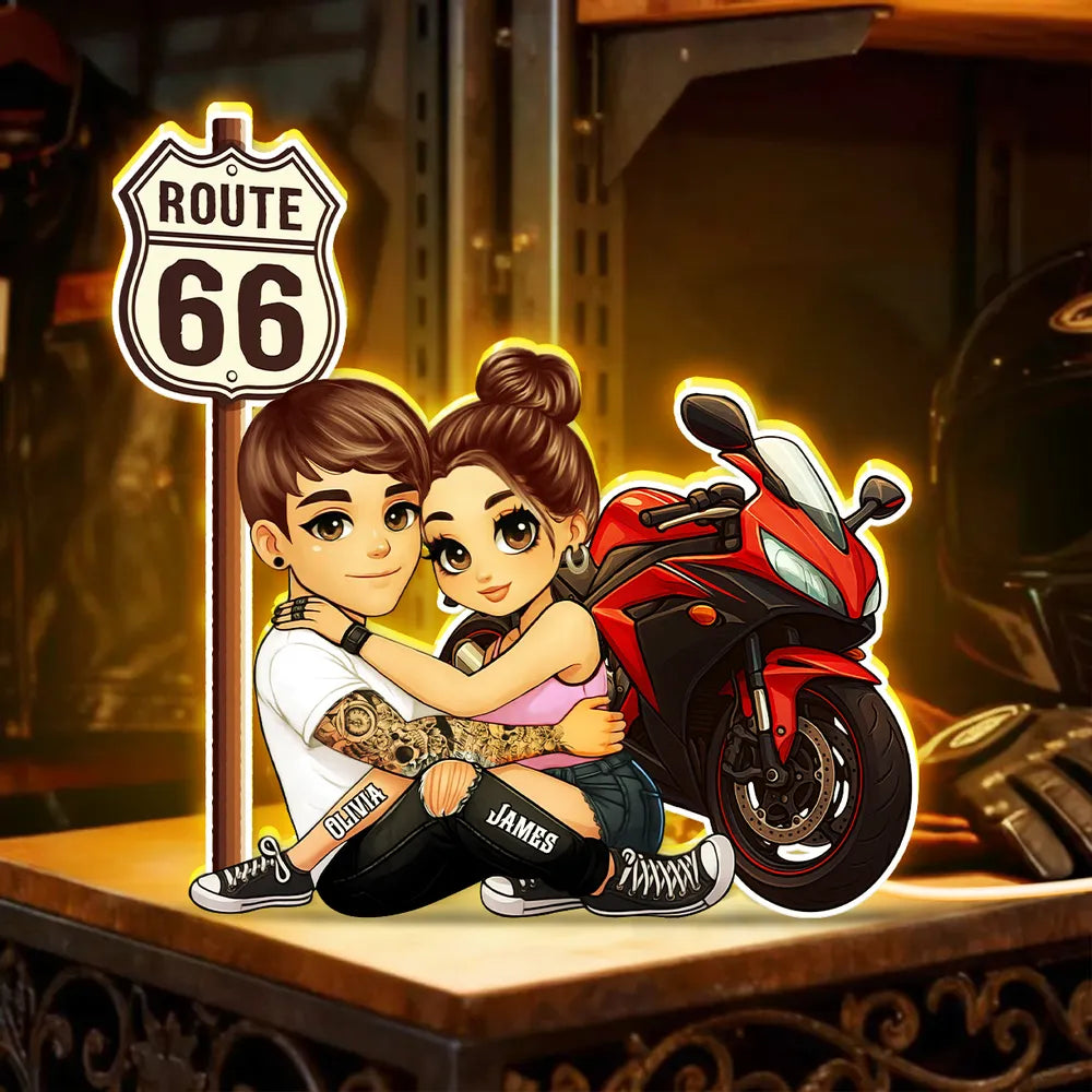 Personalized Route 66 Biker Couple Acrylic Light Box for Bedroom or Shelf Decor, Warm Glow Unique Gift for Him or Her