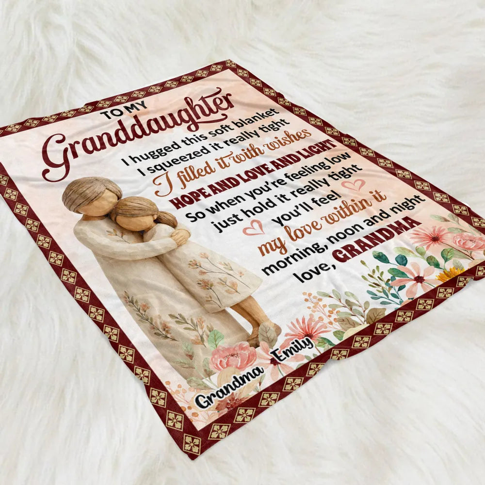 Personalized Fleece Blanket, Hugging Grandma and Granddaughter Floral Design, Unique Gift for Granddaughter