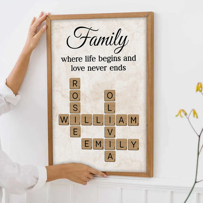 Family Where Life Begins and Love Never Ends Personalized Poster – Custom Crossword Wall Art, Heartfelt Gift for Any Home
