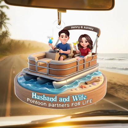 Personalized Acrylic Car Hanger Pontoon Couple Cute Cartoon Boat Decor, Unique Gift for Husband & Wife