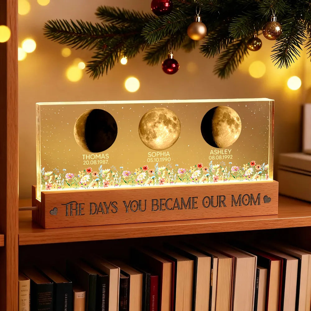 Personalized Block LED Light Plaque Moon Phases for Mom, The Days You Became Our Mom, Warm Night Light Gift