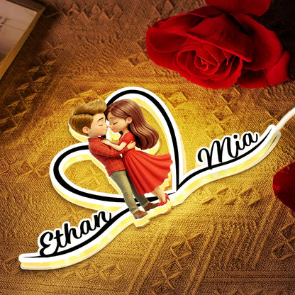 Personalized Acrylic Light Box with Kissing Couple and Heart Outline, Warm Glow Bedroom Decor, Unique Gift for Him or Her