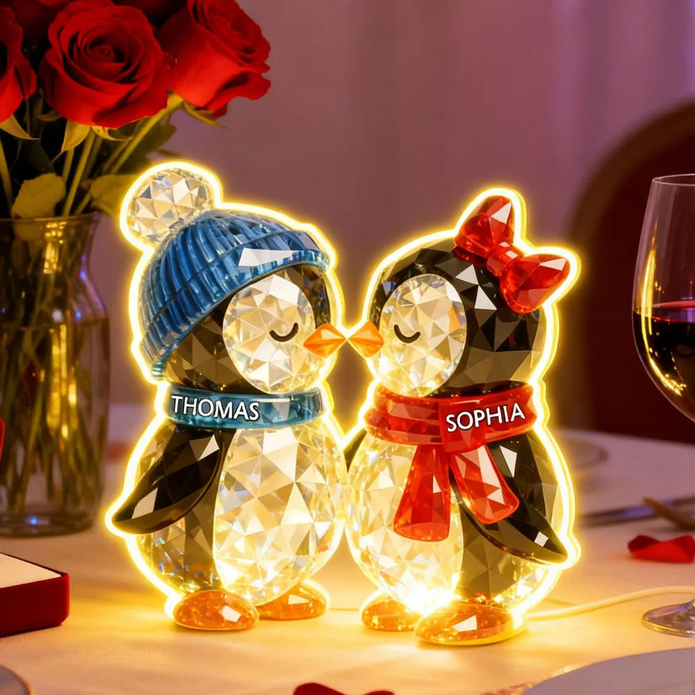 Custom Penguin Couple Acrylic Light Box with Names, Romantic LED Night Light Gift for Couples