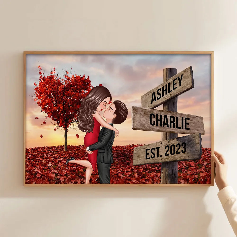 Personalized Couple Kissing Poster, Sunset Autumn Scene Wall Art, Unique Gift for Him or Her