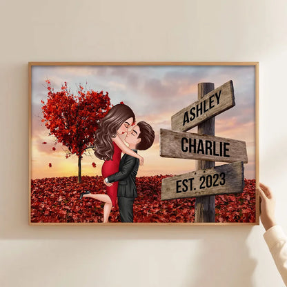 Personalized Couple Kissing Poster, Sunset Autumn Scene Wall Art, Unique Gift for Him or Her