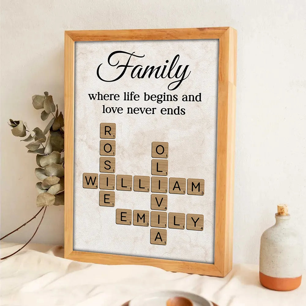Family Where Life Begins and Love Never Ends Personalized Poster – Custom Crossword Wall Art, Heartfelt Gift for Any Home