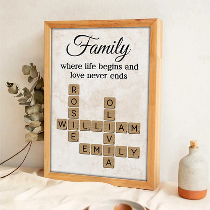 Family Where Life Begins and Love Never Ends Personalized Poster – Custom Crossword Wall Art, Heartfelt Gift for Any Home