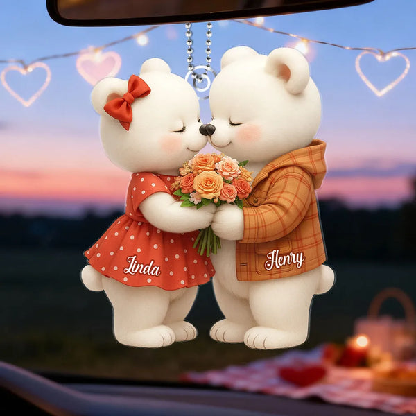 Personalized Acrylic Car Hanger with Kissing Bear Couple – Cute Romantic Car Mirror Decor & Unique Gift for Couples