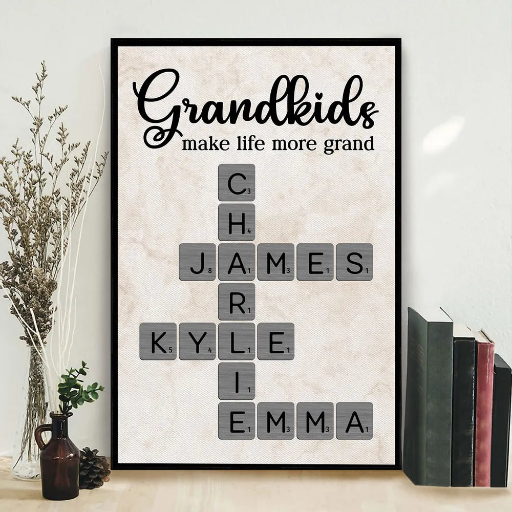Personalized Grandkids Poster Crossword Art Gift for Grandparents – Custom Names Wall Decor That Makes Life More Grand