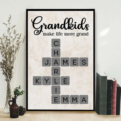 Personalized Grandkids Poster Crossword Art Gift for Grandparents – Custom Names Wall Decor That Makes Life More Grand