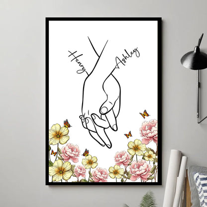 Personalized Couple Hand-Holding Line Art Poster with Floral Butterflies, Modern Minimal Wall Decor, Unique Gift for Him or Her