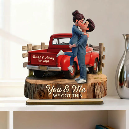 Personalized 2-Layer Wooden Plaque with Kissing Couple in Red Pickup Truck, Farmhouse Decor, Unique Gift for Couples