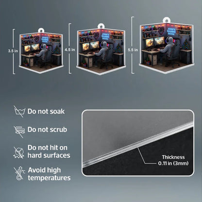 Personalized Acrylic Ornament, Gamer at Dual Monitors in a Festive Gaming Room, Unique Christmas Gift