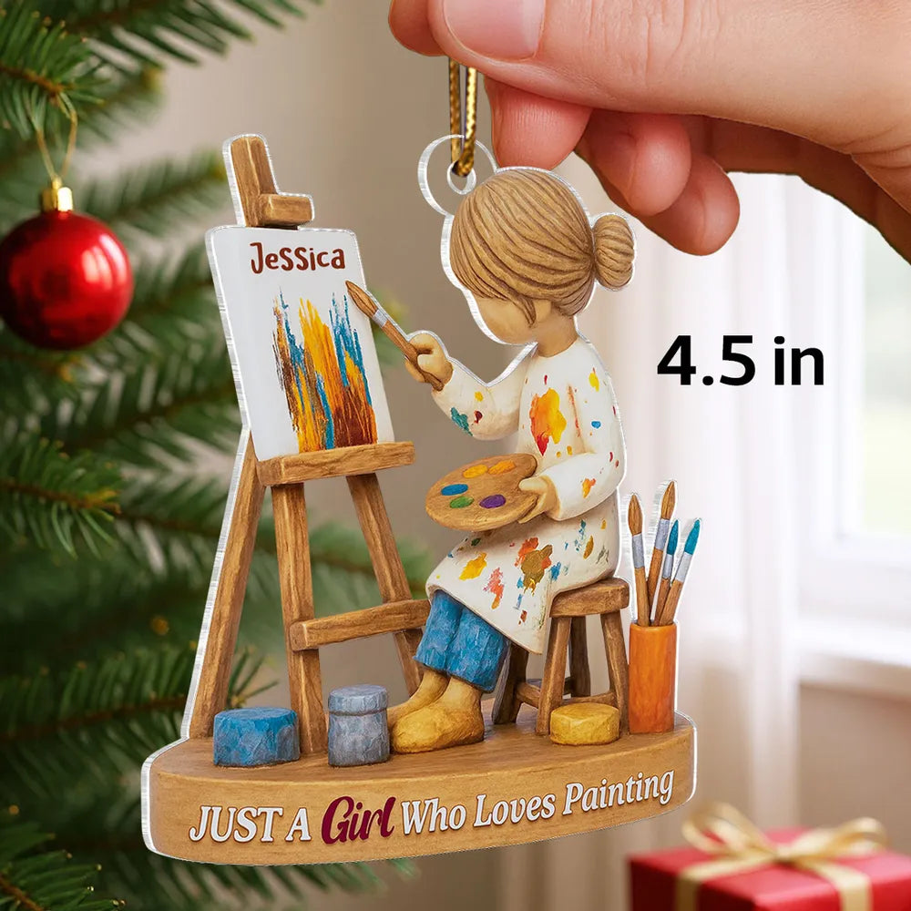 Personalized Acrylic Ornament, Girl Painting at an Easel, Unique Christmas Gift for Artist