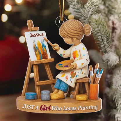Personalized Acrylic Ornament, Girl Painting at an Easel, Unique Christmas Gift for Artist