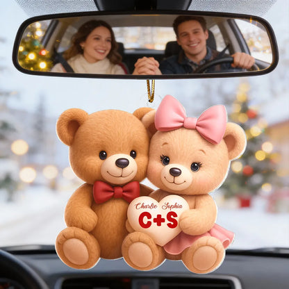 Cute Teddy Bear Couple Acrylic Car Hanger - Personalized Rearview Mirror Decoration, Sweet Anniversary Gift