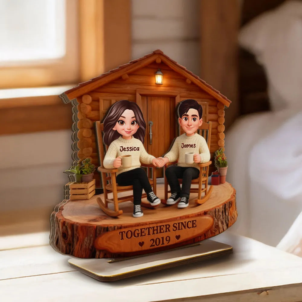 2-Layer Wooden Plaque Personalized Couple Cabin Scene Growing Old Together Style for Living Room Display Heartwarming Unique Gift