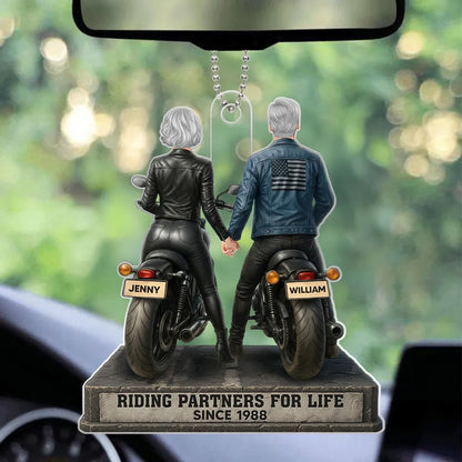 Riding Partners for Life Acrylic Car Hanger, Personalized Couple on Motorcycles Rearview Mirror Decor, Sentimental Gift for Couples