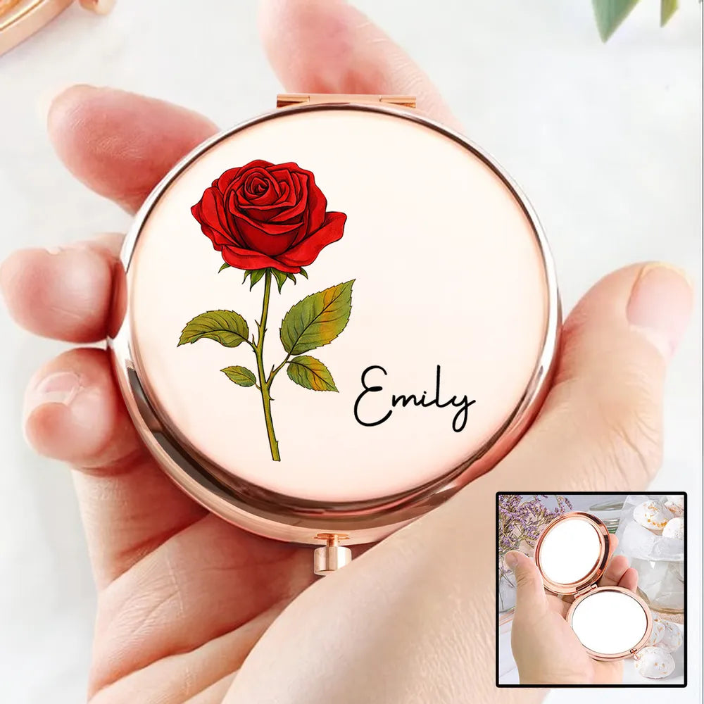 Personalized Metal Compact Mirror with Red Rose Art, Unique Creative Gift for Mom, Sister or Friend