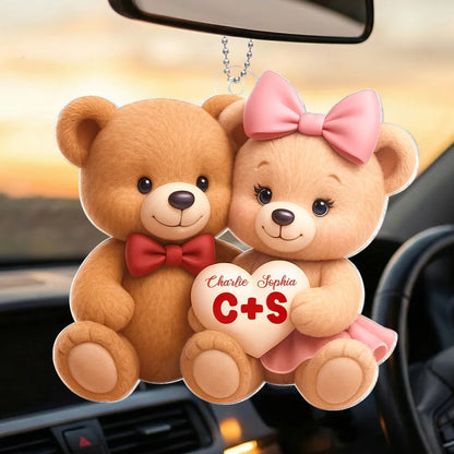 Cute Teddy Bear Couple Acrylic Car Hanger - Personalized Rearview Mirror Decoration, Sweet Anniversary Gift
