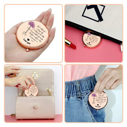 Personalized Metal Compact Mirror with Love Quote, Floral Script Design, Unique Gift for Her to Feel Seen & Loved