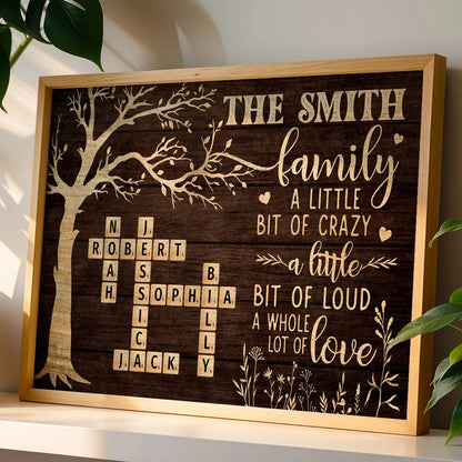 Custom Family Tree Poster with Name Crossword, Warm Wall Art Keepsake, Meaningful Housewarming or Christmas Gift