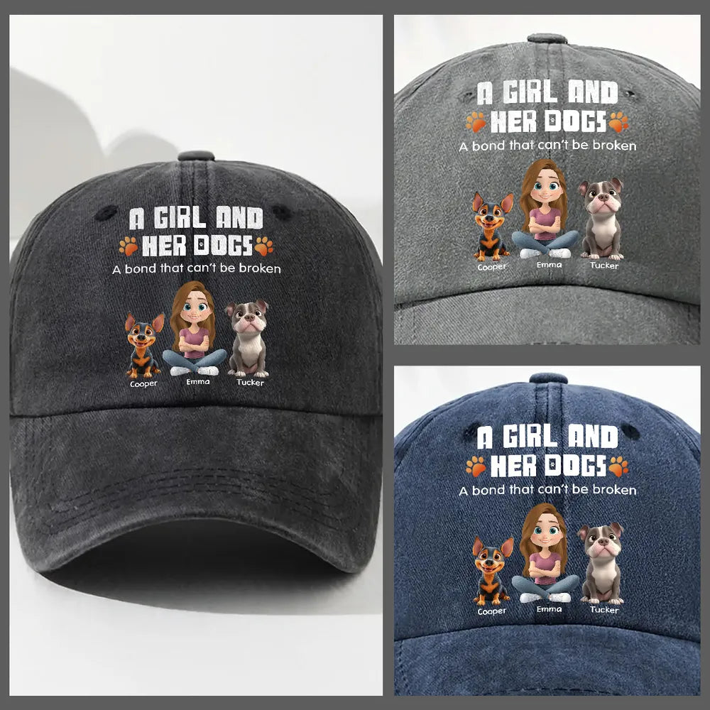 Personalized Washed Denim Baseball Cap, Sitting Man & Dog Cartoon, Unique Gift for Dog Dad
