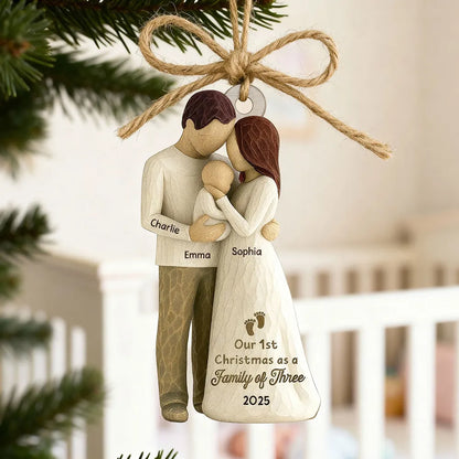 Custom Family of Three Wooden Ornament – New Baby Christmas Keepsake for Proud Parents, Unique Holiday Gift