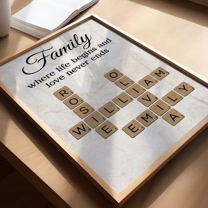 Family Where Life Begins and Love Never Ends Personalized Poster – Custom Crossword Wall Art, Heartfelt Gift for Any Home