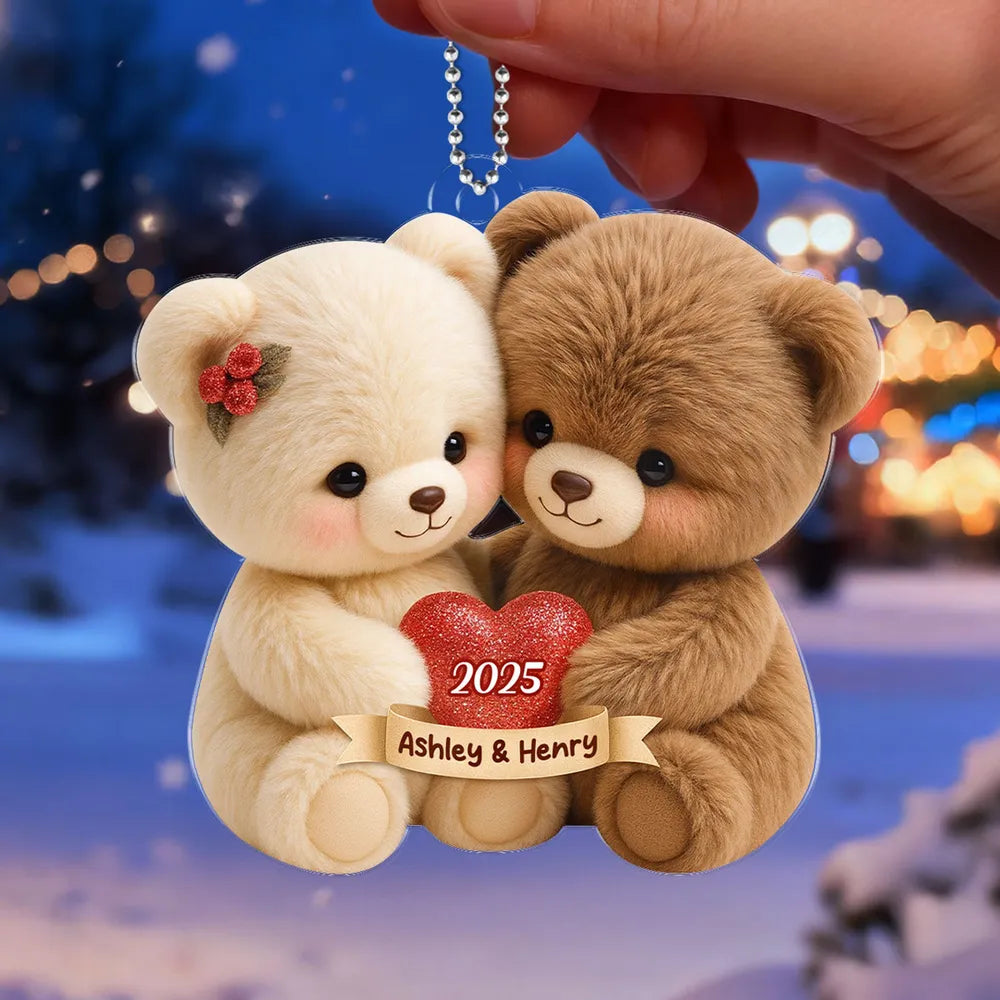 Personalized Acrylic Car Hanger with Cute Bear Couple – Custom Car Mirror Decor and Unique Romantic Gift for Couples