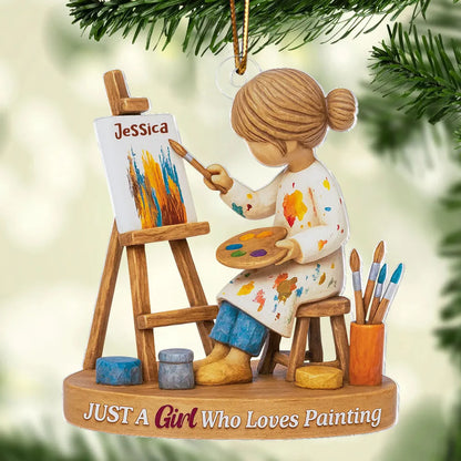 Personalized Acrylic Ornament, Girl Painting at an Easel, Unique Christmas Gift for Artist