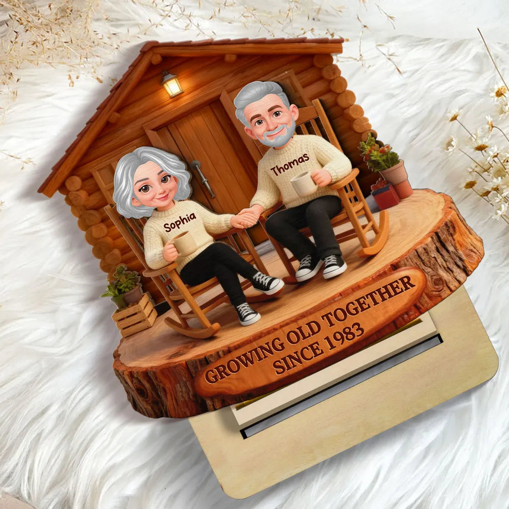 2-Layer Wooden Plaque Personalized Couple Cabin Scene Growing Old Together Style for Living Room Display Heartwarming Unique Gift