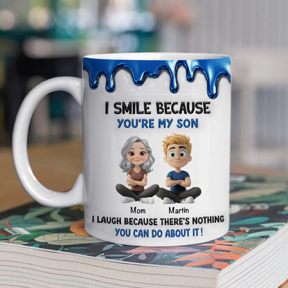 Custom Ceramic Mug with Sweet Funny Mom and Son Message, Cute Blue Drip Design, Thoughtful Unique Gift
