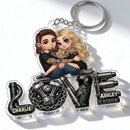 Personalized Biker Couple Acrylic Keychain Cute Cartoon Hugging Riders Cool Accessory Unique Gift for Him or Her