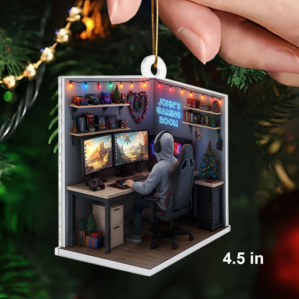 Personalized Acrylic Ornament, Gamer at Dual Monitors in a Festive Gaming Room, Unique Christmas Gift
